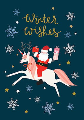 Santa and Unicorn Winter Wishes Christmas Card