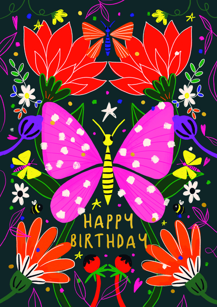 Happy Birthday Butterfly and Flowers Card
