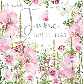 Pink Flowers June Birthday Card