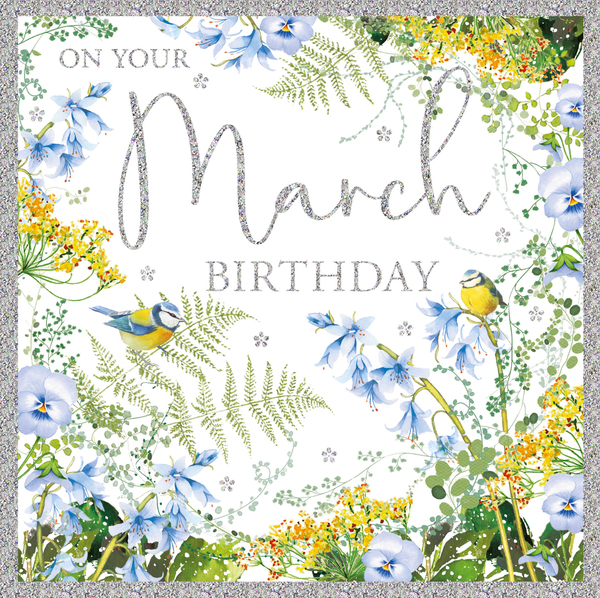 Blue Floral March  Birthday Card