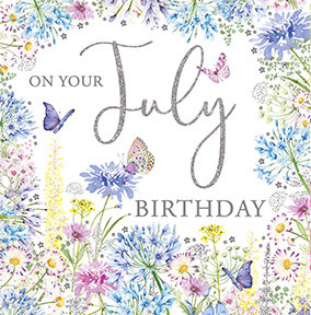 July Blue Flowers Birthday Card