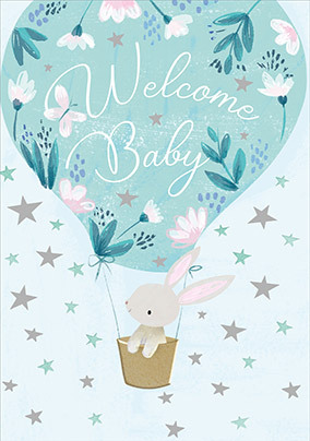 Bunny In A Balloon Blue Baby Card