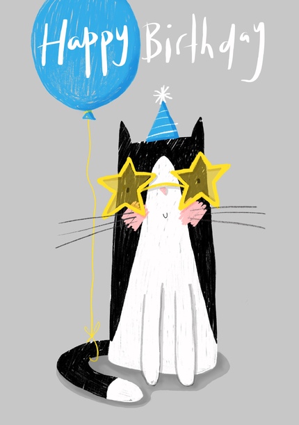 Cool Cat Blue Balloon Birthday Card