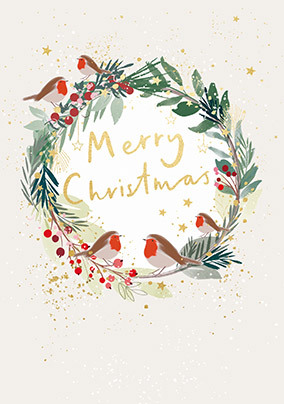 Merry Christmas Wreath Robins Card | Funky Pigeon