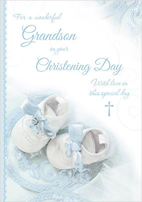 Blue Ribbons Grandson Christening Card