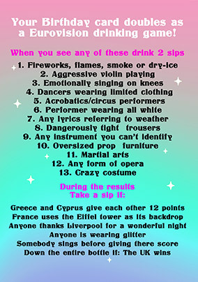 Eurovision Drinking Game Birthday Card