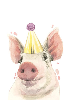 Pig in Party Hat Birthday Card