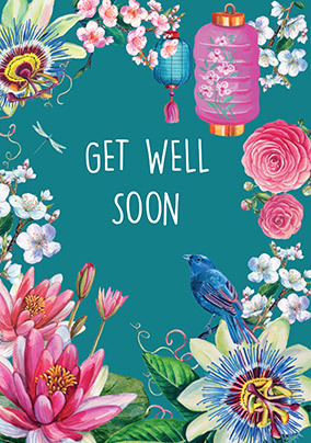 Get Well Soon Flowers and Lanterns Card