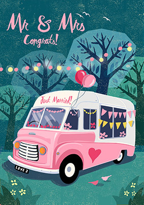 Pink Camper Van Mr & Mrs Wedding Card