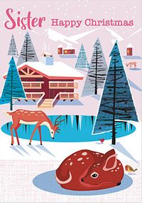 Sister Cabin and Deer Christmas Card