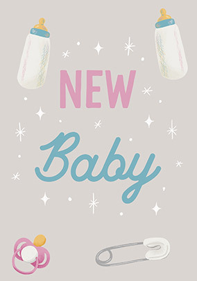 Bottles And Nappy Pins New Baby Card