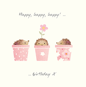 Watercolour Hedgehogs in Plant Pots Birthday Card