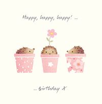 Tap to view Watercolour Hedgehogs in Plant Pots Birthday Card