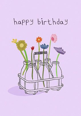 Photo of Flowers in Milk Bottles Birthday Card