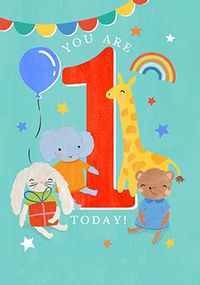 Tap to view You Are 1 Today Illustrated Animals Blue Birthday Card