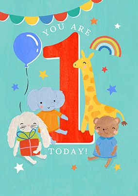 Photo of You Are 1 Today Illustrated Animals Blue Birthday Card