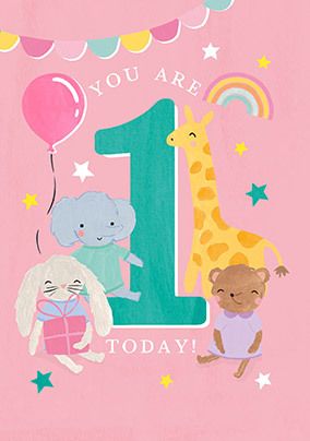 Photo of You Are 1 Today Illustrated Animals Pink Birthday Card