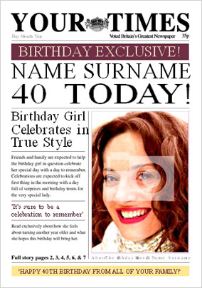 Spoof Newspaper - Your Times Her 40th