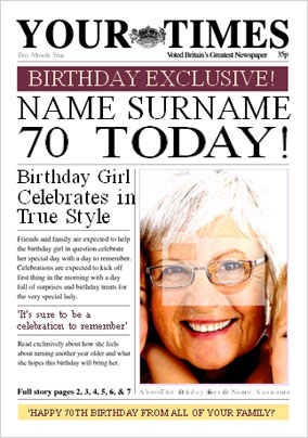 Spoof Newspaper - Your Times Her 70th