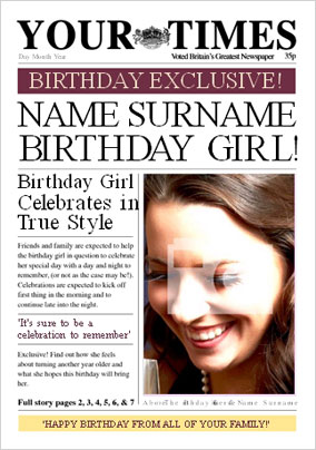 Spoof Newspaper - Your Times Birthday Girl