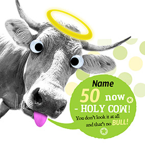 Holy Cow 50th Birthday Personalised Card - Punny farm