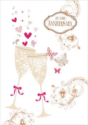 Gold Lace Champagne Flutes Anniversary Card