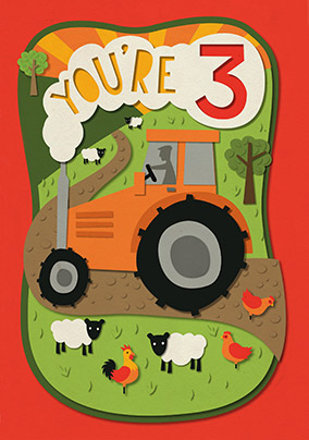 Big Orange Tractor You're 3 Birthday Card