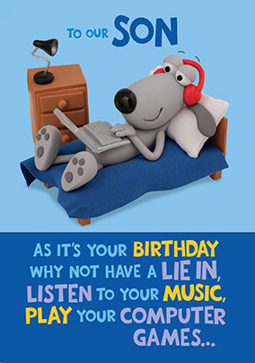Dog laying in Bed Son Birthday Card