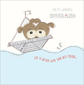 Cute Dogs in a Boat Husband Birthday Card