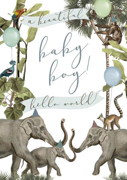 Elephants Baby Boy Announcement Card