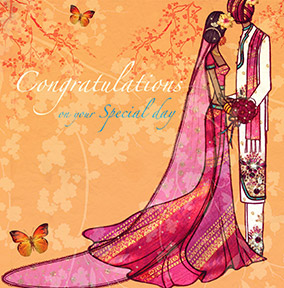 Wedding Congratulations Card - Pink Sari & Orange Butterflies