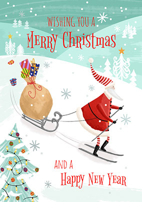 Merry Christmas Skiing Santa Card