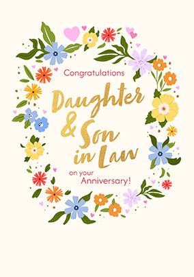 Photo of Daughter and Son in Law Floral Border Anniversary Card