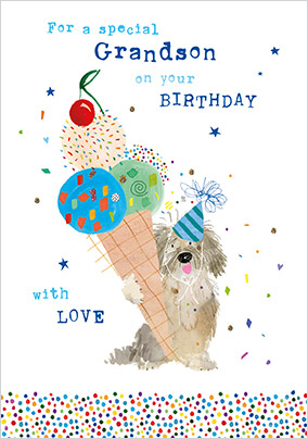 Dog With Ice Cream Grandson Birthday Card