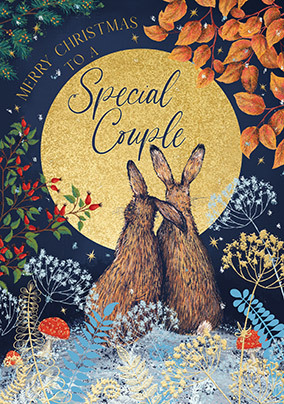 Hares in Woodland Night Couple Christmas Card