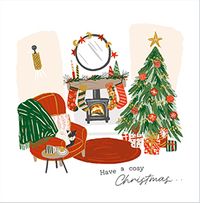 Tap to view Cosy Living Room Illustrated Scene Christmas Card