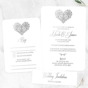 ZDISC Floral Lace Heart - Silver Foil Boutique Wedding Invitation & RSVP
