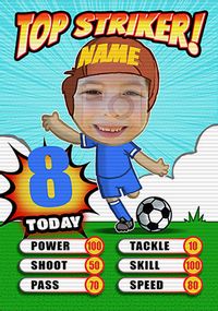 Tap to view Flip Reveal Top Striker Blue Football Photo Birthday Card