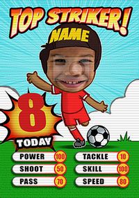 Tap to view Flip Reveal Top Striker Red Football Photo Birthday Card