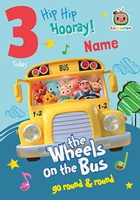 Wheels on the bus 3 Today Personalised Birthday card