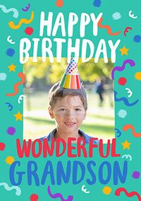 Tap to view Wonderful Grandson Streamers Photo Birthday Card