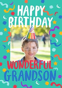 Tap to view Wonderful Grandson Streamers Photo Birthday Card