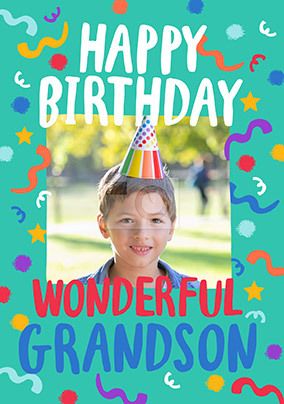 Wonderful Grandson Streamers Photo Birthday Card