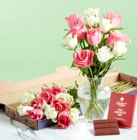 Tap to view Pink and White Rose Letterbox with Luxury Chocolate Gift Set