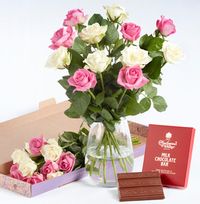 Tap to view Pink and White Rose Letterbox with Luxury Chocolate Gift Set