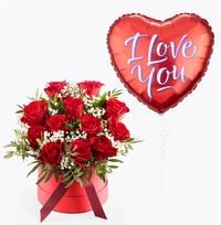 Tap to view Red Rose Hatbox with I love You Balloon