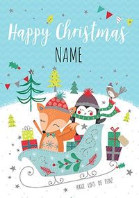 Happy Christmas Fox and Penguin Personalised Card