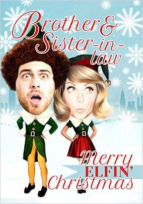 Brother & Sister-In-Law Elf Spoof Photo Christmas Card