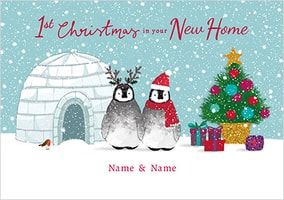 1st Christmas in New Home Penguin personalised Card