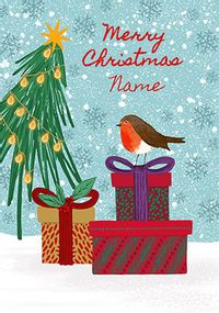 Robin on Presents Personalised Christmas card